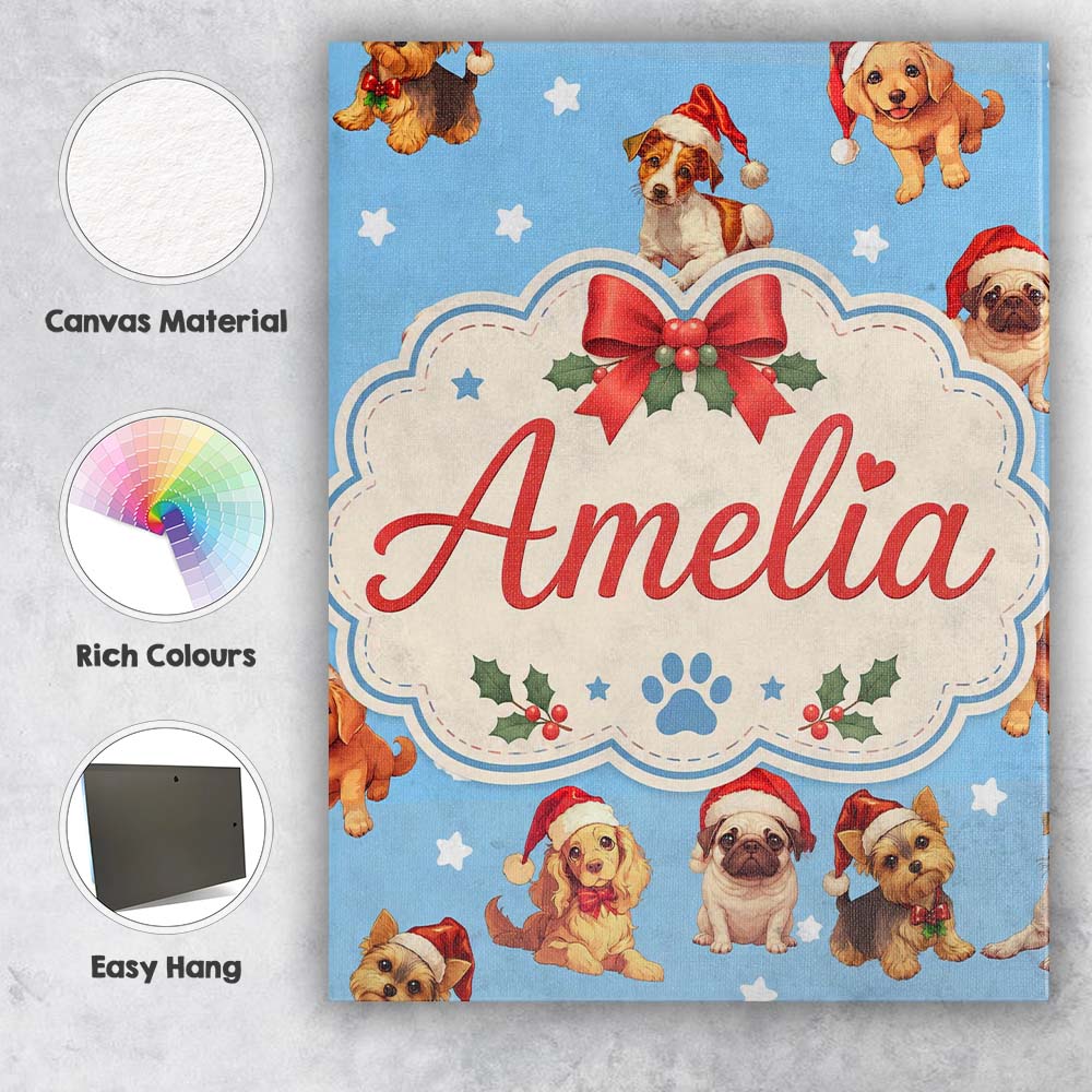 Personalised Name Cute Christmas Dogs Santa Custom  Bespoke Interior Contemporary Canvas Wall Art Print Decor Picture Ready to Hang