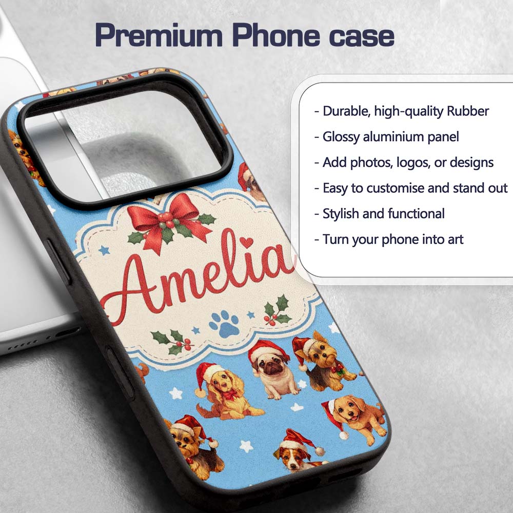 Cute Christmas Dogs Santa Hat Blue Background Custom Name Protective Phone Case Mobile Cover Durable Everyday Smartphone Shock Resistant