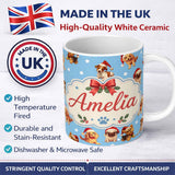 Personalized Custom Name Cute Christmas Dogs Santa Hat Blue Background Seamless Pattern 11oz Ceramic Coffee Tea Mug White Large Handle
