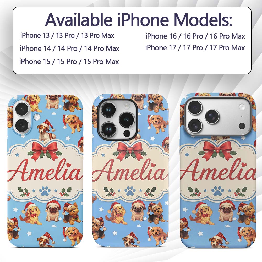 Cute Christmas Dogs Santa Hat Blue Background Custom Name Protective Phone Case Mobile Cover Durable Everyday Smartphone Shock Resistant