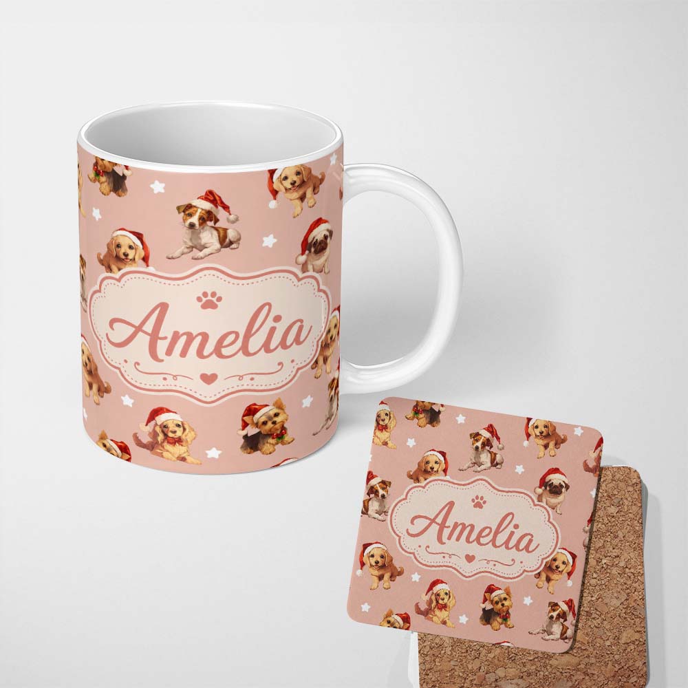 Personalized Custom Name Cute Christmas Dogs Santa Hat Peach Background Seamless Pattern Name 11oz Ceramic Coffee Tea Mug White Large Handle