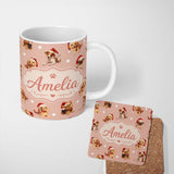 Personalized Custom Name Cute Christmas Dogs Santa Hat Peach Background Seamless Pattern Name 11oz Ceramic Coffee Tea Mug White Large Handle
