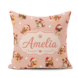 Custom Name Christmas Dogs Santa Hat Peach Seamless Pattern Name Square Filled Cushion Throw Pillow Sofa Bed Home Decor Zip Washable UK Made