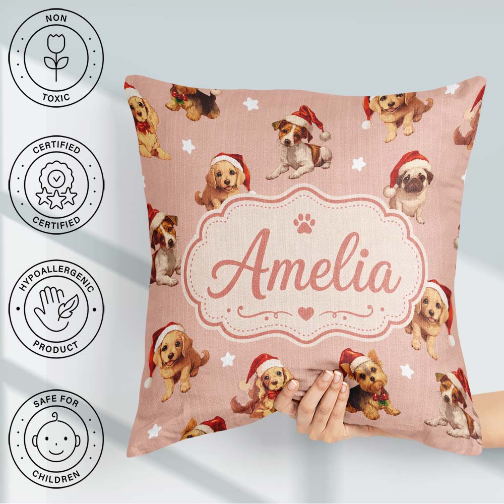 Custom Name Christmas Dogs Santa Hat Peach Seamless Pattern Name Square Filled Cushion Throw Pillow Sofa Bed Home Decor Zip Washable UK Made