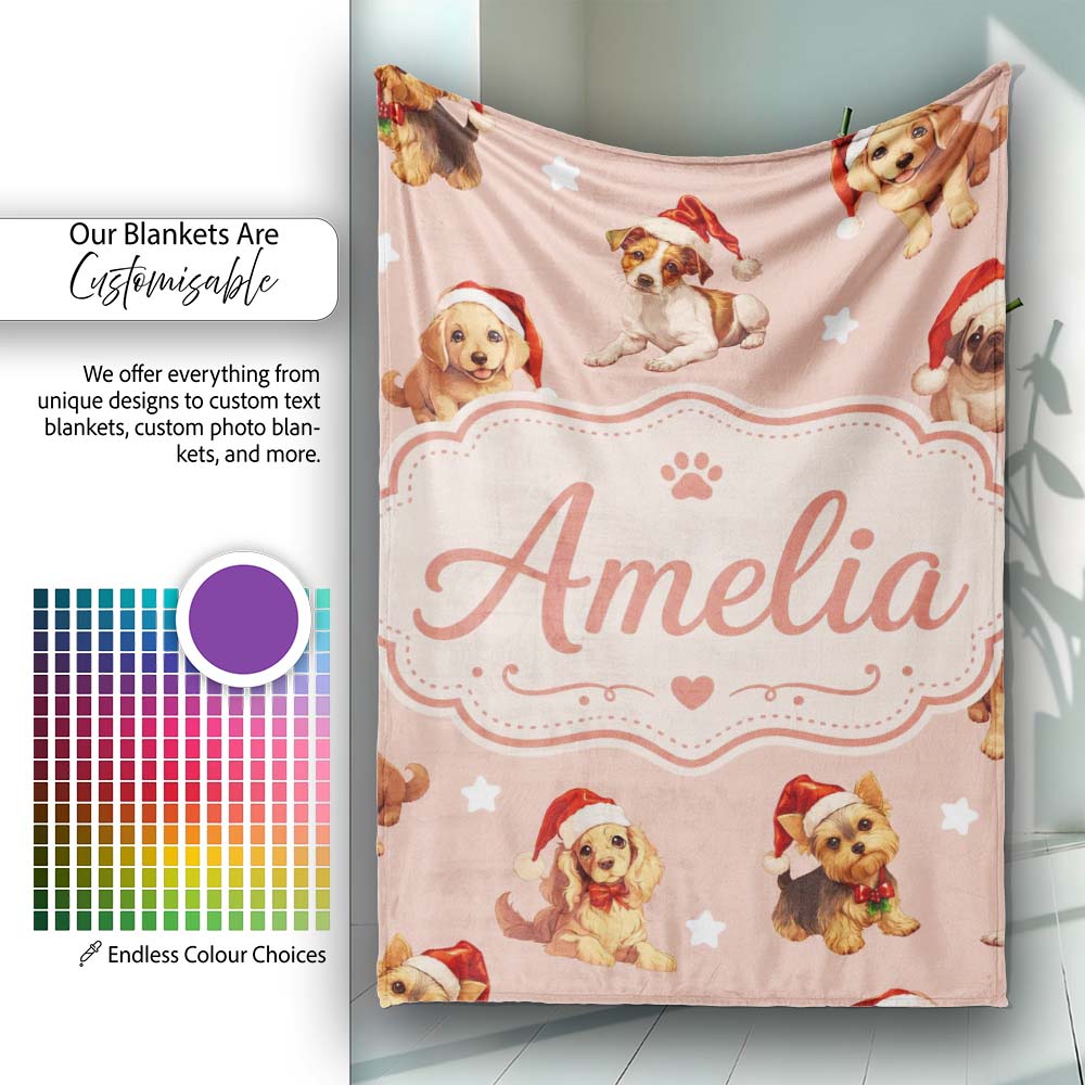 Cute Christmas Dogs Santa Hat Peach Background Seamless Pattern Name  Personalised Custom Name Super Soft Fleece Blanket Bed Sofa Throw