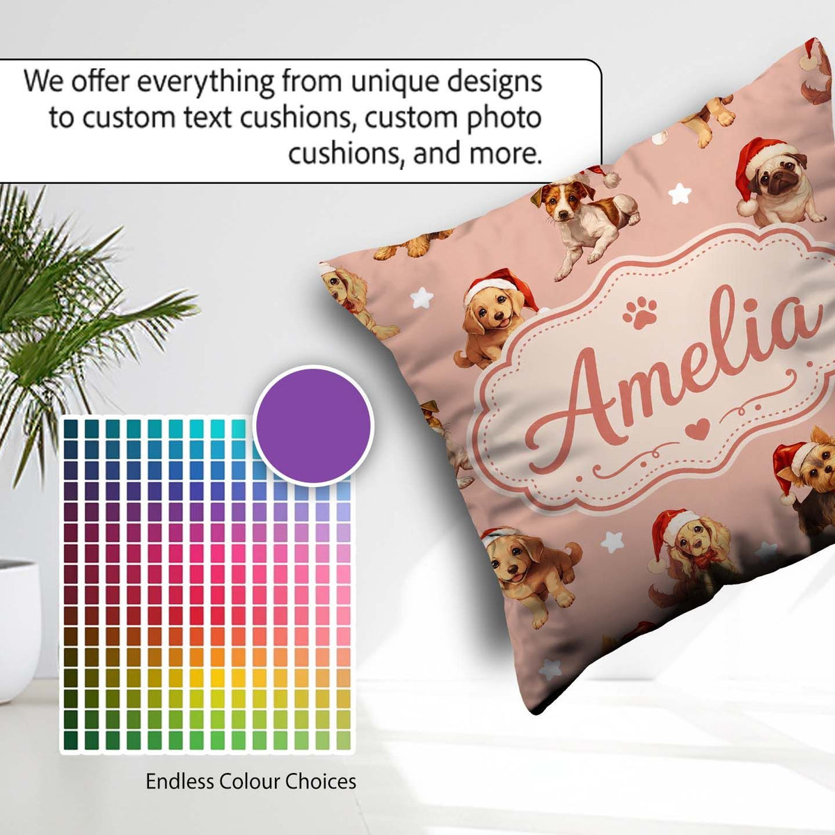 Custom Name Christmas Dogs Santa Hat Peach Seamless Pattern Name Square Filled Cushion Throw Pillow Sofa Bed Home Decor Zip Washable UK Made