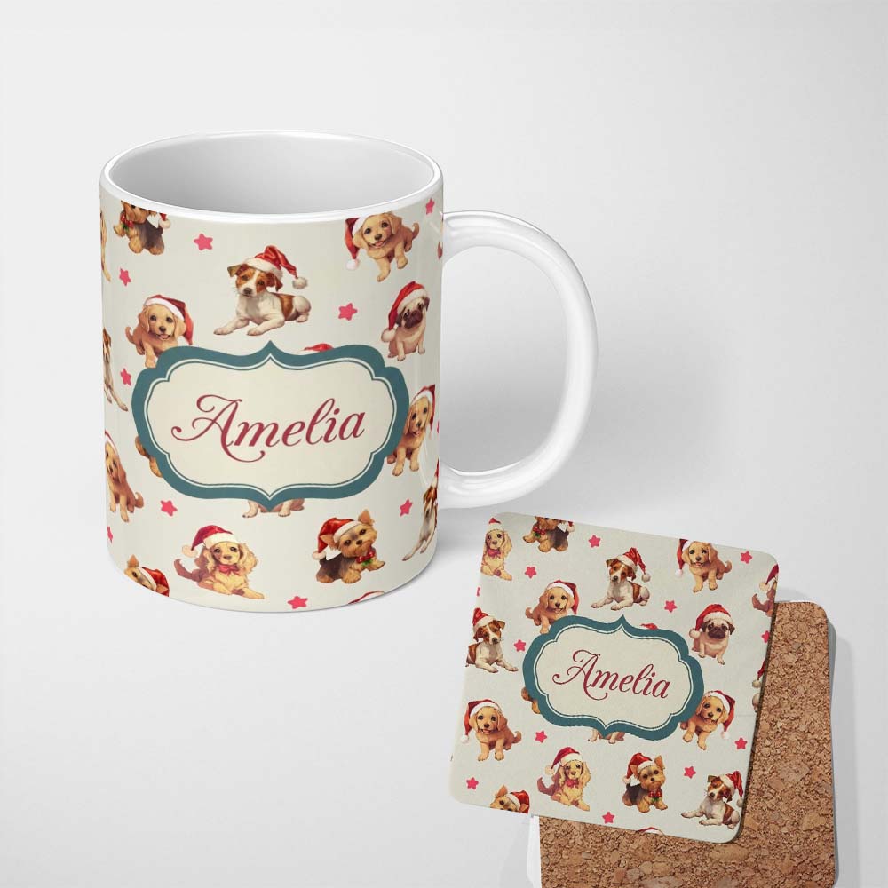 Personalized Custom Name Cute Christmas Dogs Santa Hat Cream Star Background Seamless 11oz Ceramic Coffee Tea Mug White Large Handle