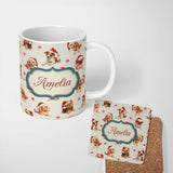 Personalized Custom Name Cute Christmas Dogs Santa Hat Cream Star Background Seamless 11oz Ceramic Coffee Tea Mug White Large Handle