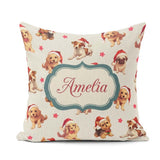 Custom Name Cute Christmas Dogs Santa Hat Cream Star Background Square Filled Cushion Throw Pillow Sofa Bed Home Decor Zip Washable UK Made