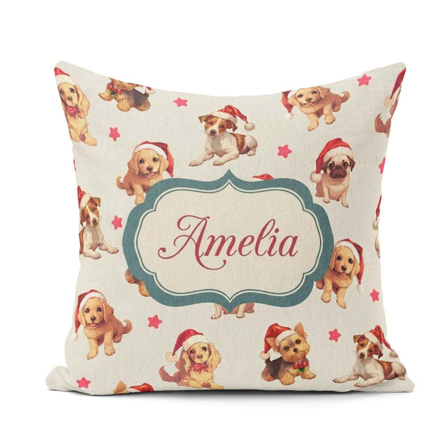 Custom Name Cute Christmas Dogs Santa Hat Cream Star Background Square Filled Cushion Throw Pillow Sofa Bed Home Decor Zip Washable UK Made