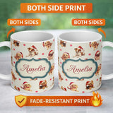 Personalized Custom Name Cute Christmas Dogs Santa Hat Cream Star Background Seamless 11oz Ceramic Coffee Tea Mug White Large Handle