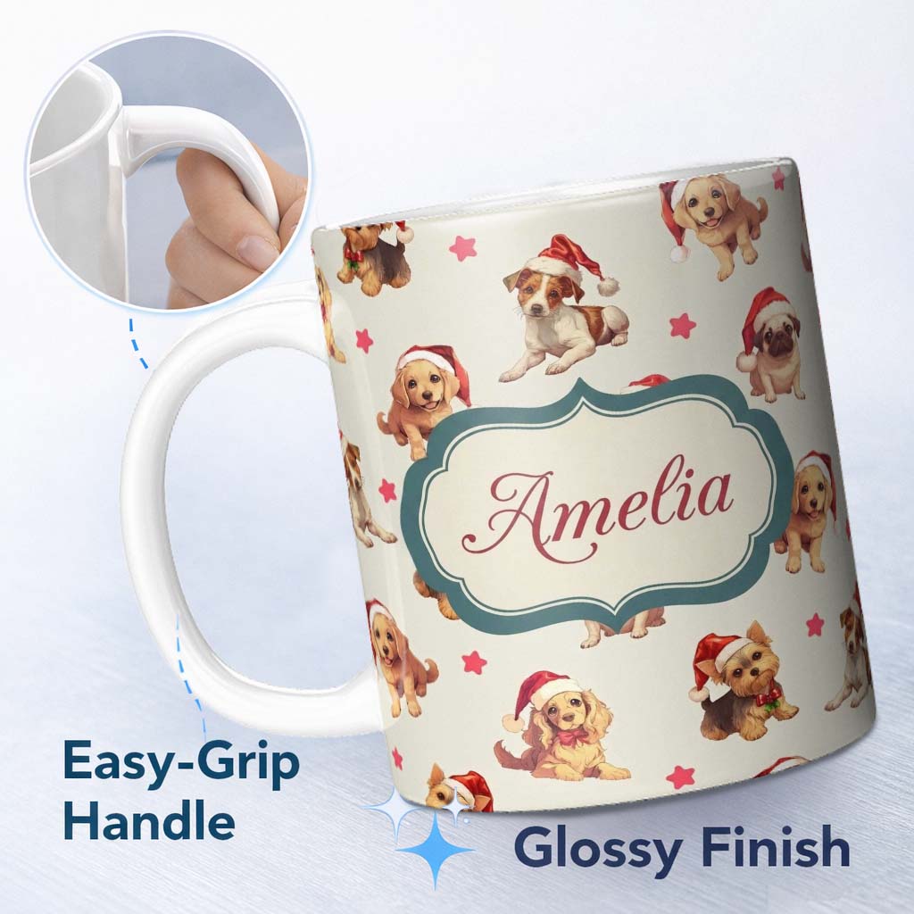 Personalized Custom Name Cute Christmas Dogs Santa Hat Cream Star Background Seamless 11oz Ceramic Coffee Tea Mug White Large Handle