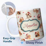 Personalized Custom Name Cute Christmas Dogs Santa Hat Cream Star Background Seamless 11oz Ceramic Coffee Tea Mug White Large Handle