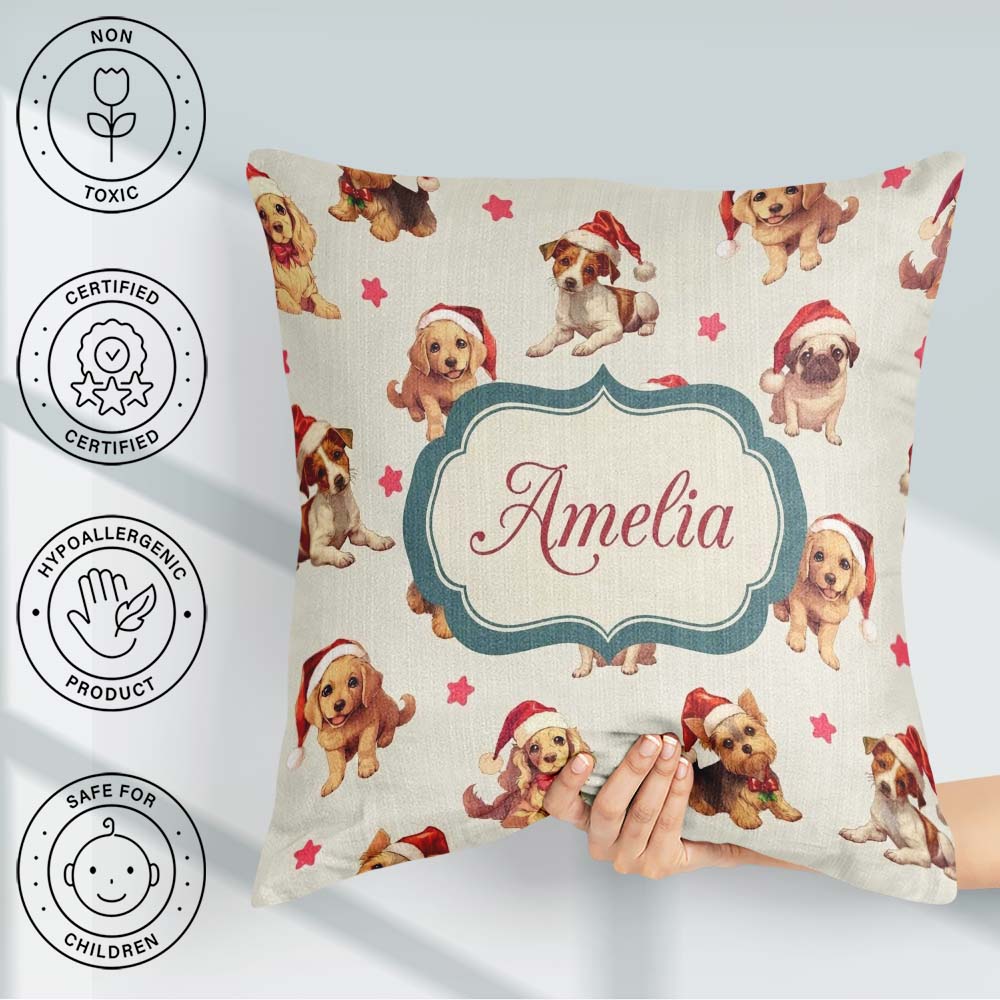Custom Name Cute Christmas Dogs Santa Hat Cream Star Background Square Filled Cushion Throw Pillow Sofa Bed Home Decor Zip Washable UK Made