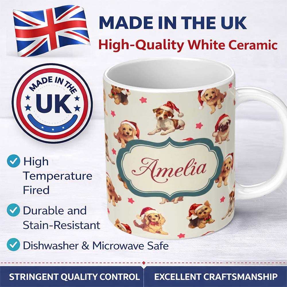 Personalized Custom Name Cute Christmas Dogs Santa Hat Cream Star Background Seamless 11oz Ceramic Coffee Tea Mug White Large Handle