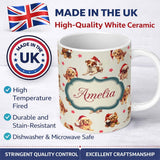 Personalized Custom Name Cute Christmas Dogs Santa Hat Cream Star Background Seamless 11oz Ceramic Coffee Tea Mug White Large Handle