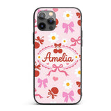Cute Cherry Bow Daisy Heart Seamless Pattern on Custom Name Protective Phone Case Mobile Cover Durable Everyday Smartphone Shock Resistant