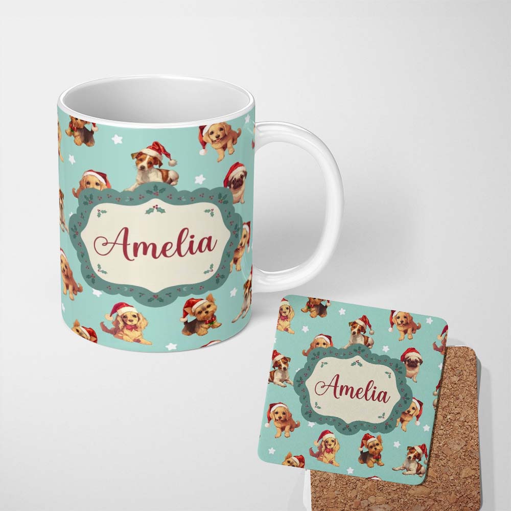 Personalized Custom Name Cute Christmas Dogs Santa Hat Teal Star Background Seamless Pattern 11oz Ceramic Coffee Tea Mug White Large Handle