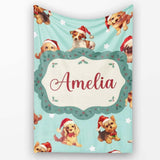 Cute Christmas Dogs Santa Hat Teal Star Background Seamless Pattern  Personalised Custom Name Super Soft Fleece Blanket Bed Sofa Throw