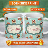 Personalized Custom Name Cute Christmas Dogs Santa Hat Teal Star Background Seamless Pattern 11oz Ceramic Coffee Tea Mug White Large Handle