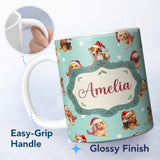 Personalized Custom Name Cute Christmas Dogs Santa Hat Teal Star Background Seamless Pattern 11oz Ceramic Coffee Tea Mug White Large Handle