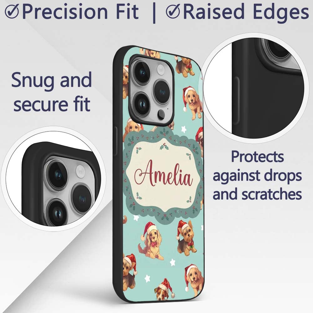 Cute Christmas Dogs Santa Hat Teal Printed Design Custom Name Protective Phone Case Mobile Cover Durable Everyday Smartphone Shock Resistant