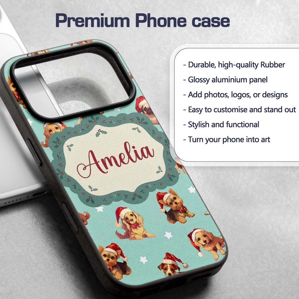 Cute Christmas Dogs Santa Hat Teal Printed Design Custom Name Protective Phone Case Mobile Cover Durable Everyday Smartphone Shock Resistant