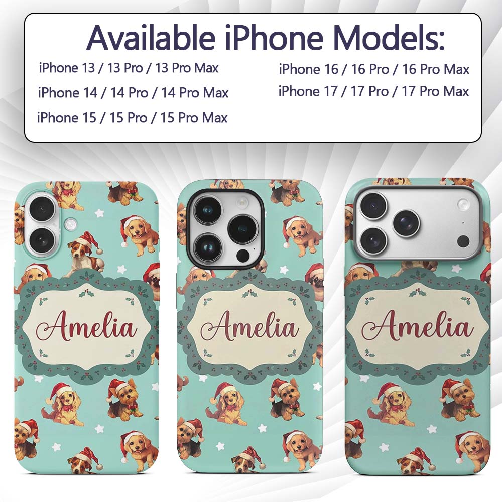 Cute Christmas Dogs Santa Hat Teal Printed Design Custom Name Protective Phone Case Mobile Cover Durable Everyday Smartphone Shock Resistant