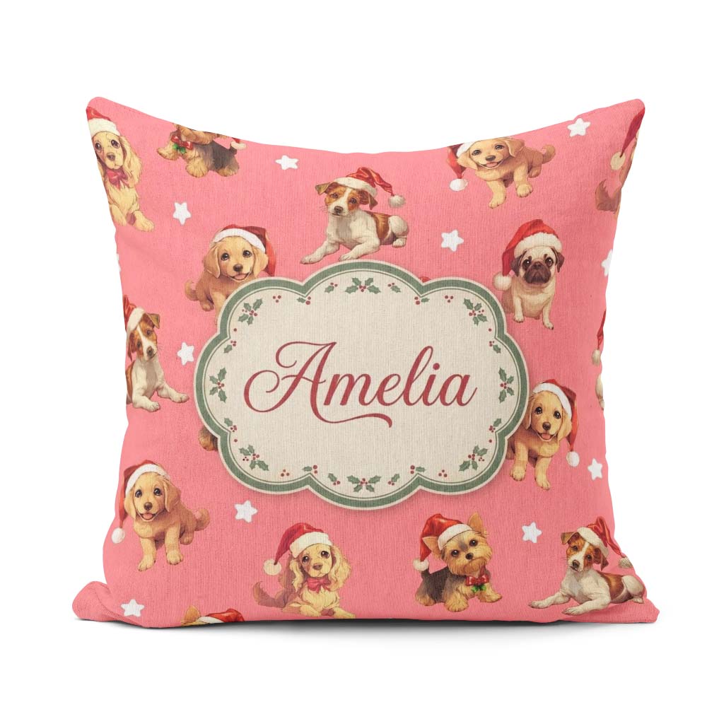 Custom Name Cute Christmas Dogs Santa Hat Coral Pink Background Square Filled Cushion Throw Pillow Sofa Bed Home Decor Zip Washable UK Made