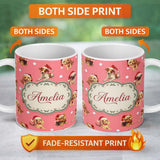 Personalized Custom Name Cute Christmas Dogs Santa Hat Coral Pink Background Seamless 11oz Ceramic Coffee Tea Mug White Large Handle