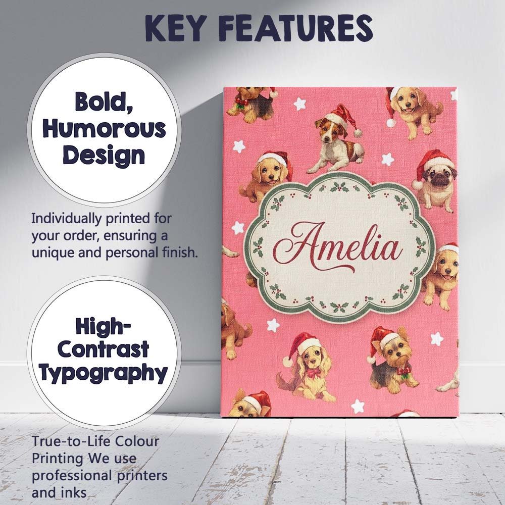 Personalised Name Cute Christmas Dogs Santa Custom  Bespoke Interior Contemporary Canvas Wall Art Print Decor Picture Ready to Hang