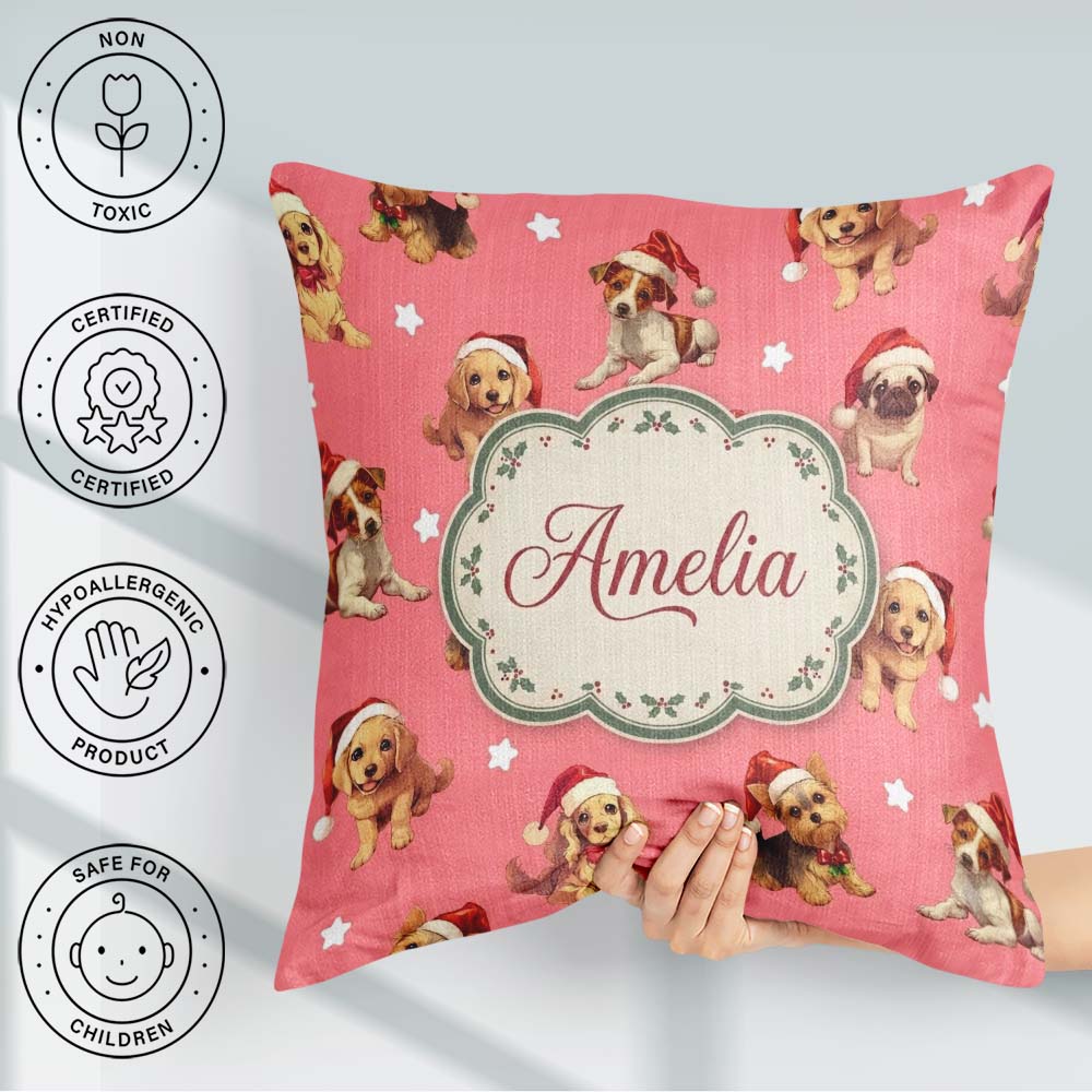 Custom Name Cute Christmas Dogs Santa Hat Coral Pink Background Square Filled Cushion Throw Pillow Sofa Bed Home Decor Zip Washable UK Made