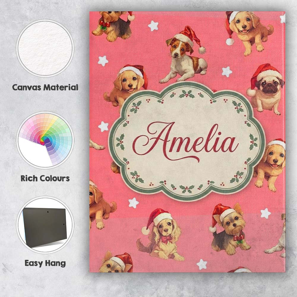 Personalised Name Cute Christmas Dogs Santa Custom  Bespoke Interior Contemporary Canvas Wall Art Print Decor Picture Ready to Hang