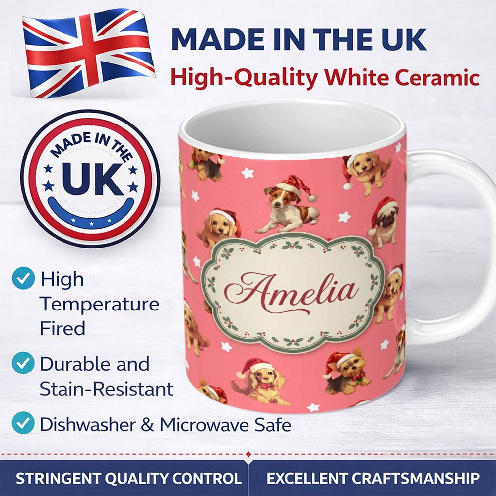 Personalized Custom Name Cute Christmas Dogs Santa Hat Coral Pink Background Seamless 11oz Ceramic Coffee Tea Mug White Large Handle