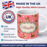 Personalized Custom Name Cute Christmas Dogs Santa Hat Coral Pink Background Seamless 11oz Ceramic Coffee Tea Mug White Large Handle