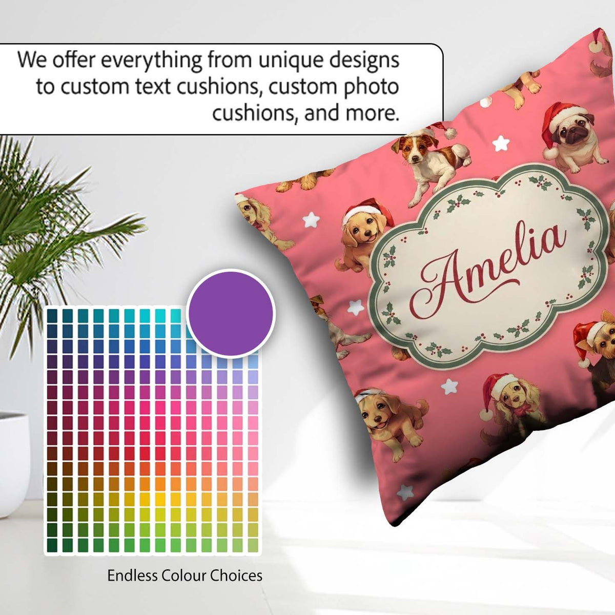 Custom Name Cute Christmas Dogs Santa Hat Coral Pink Background Square Filled Cushion Throw Pillow Sofa Bed Home Decor Zip Washable UK Made