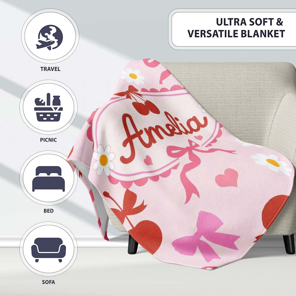 Cute Cherry Bow Daisy Heart Seamless Pattern on Pale Pink Background  Personalised Custom Name Super Soft Fleece Blanket Bed Sofa Throw
