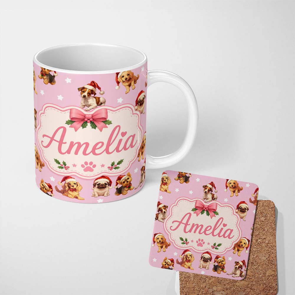 Personalized Custom Name Cute Christmas Dogs Santa Hat Soft Pink Star Background Seamless 11oz Ceramic Coffee Tea Mug White Large Handle