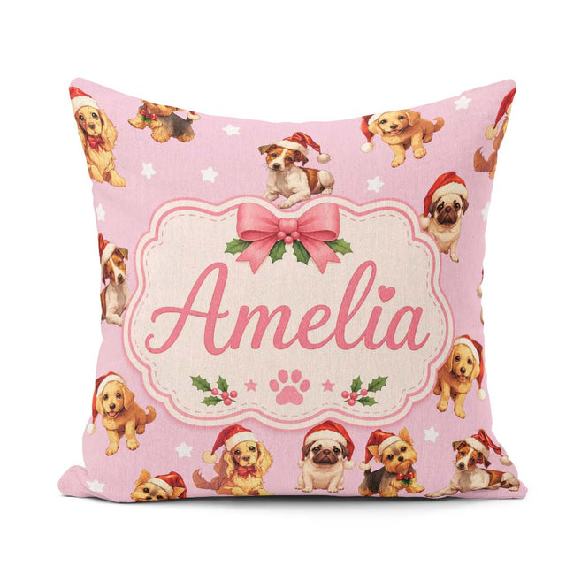 Custom Name Christmas Dogs Santa Hat Soft Pink Star Background Square Filled Cushion Throw Pillow Sofa Bed Home Decor Zip Washable UK Made