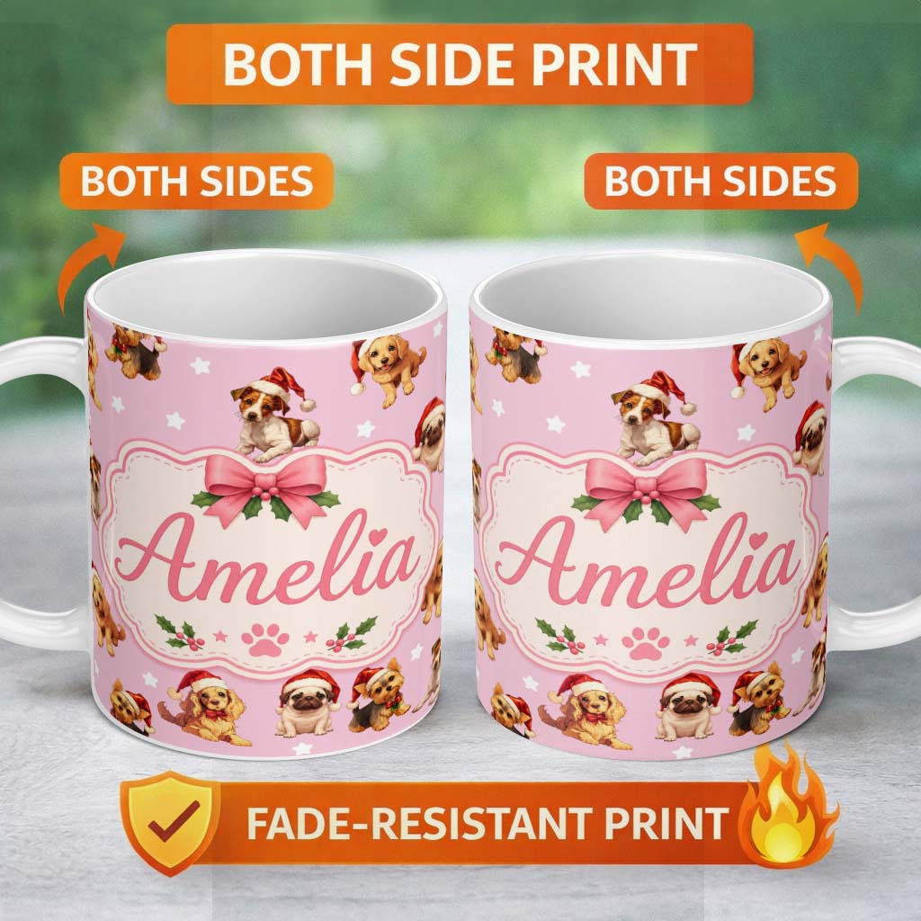 Personalized Custom Name Cute Christmas Dogs Santa Hat Soft Pink Star Background Seamless 11oz Ceramic Coffee Tea Mug White Large Handle