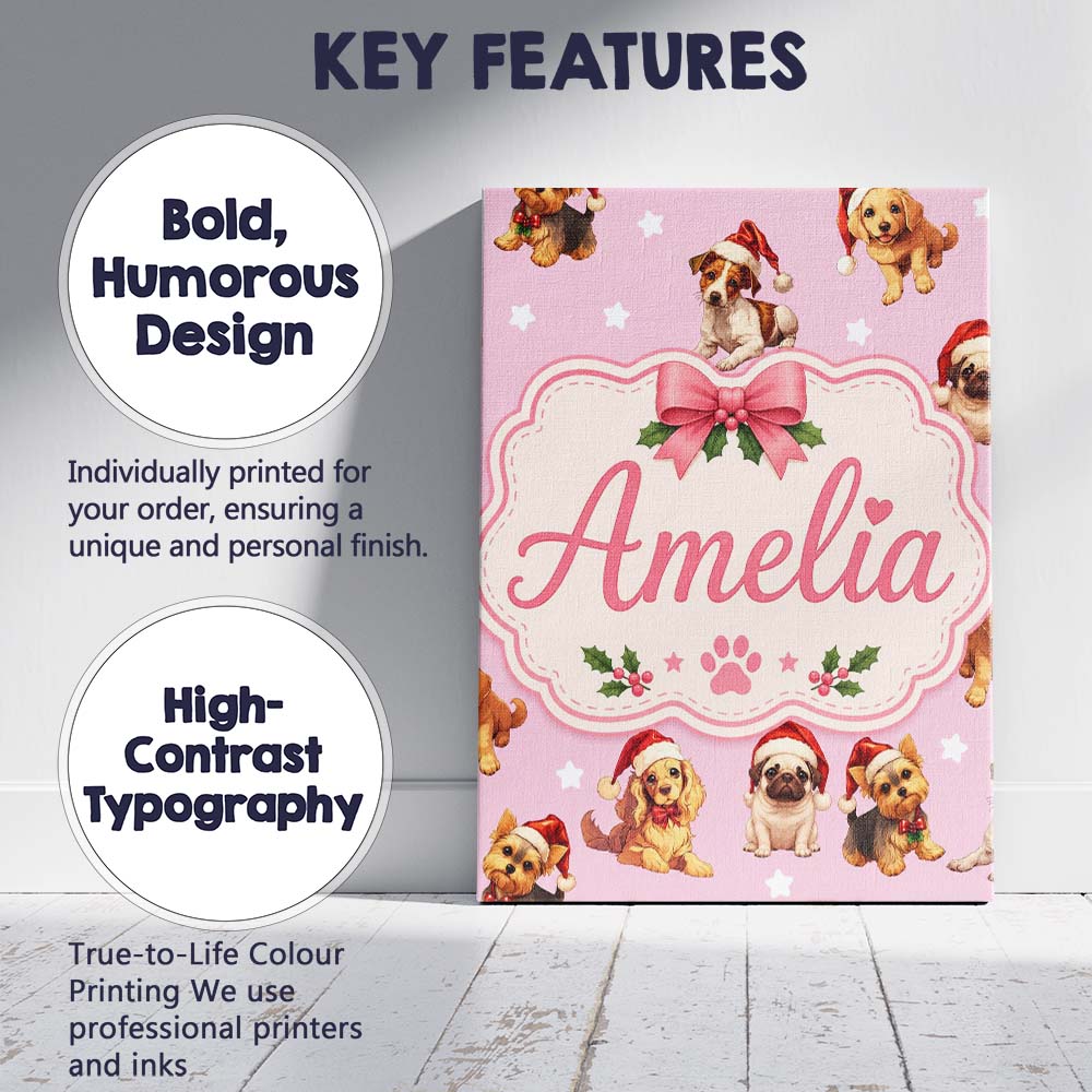 Personalised Name Cute Christmas Dogs Santa Custom  Bespoke Interior Contemporary Canvas Wall Art Print Decor Picture Ready to Hang