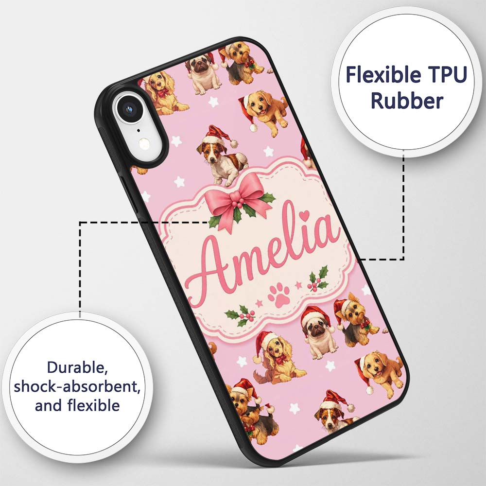 Cute Christmas Dogs Santa Hat Soft Pink Star Custom Name Protective Phone Case Mobile Cover Durable Everyday Smartphone Shock Resistant