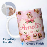 Personalized Custom Name Cute Christmas Dogs Santa Hat Soft Pink Star Background Seamless 11oz Ceramic Coffee Tea Mug White Large Handle