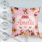 Custom Name Christmas Dogs Santa Hat Soft Pink Star Background Square Filled Cushion Throw Pillow Sofa Bed Home Decor Zip Washable UK Made