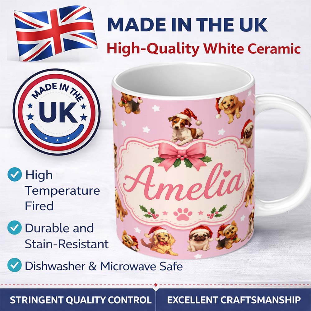 Personalized Custom Name Cute Christmas Dogs Santa Hat Soft Pink Star Background Seamless 11oz Ceramic Coffee Tea Mug White Large Handle
