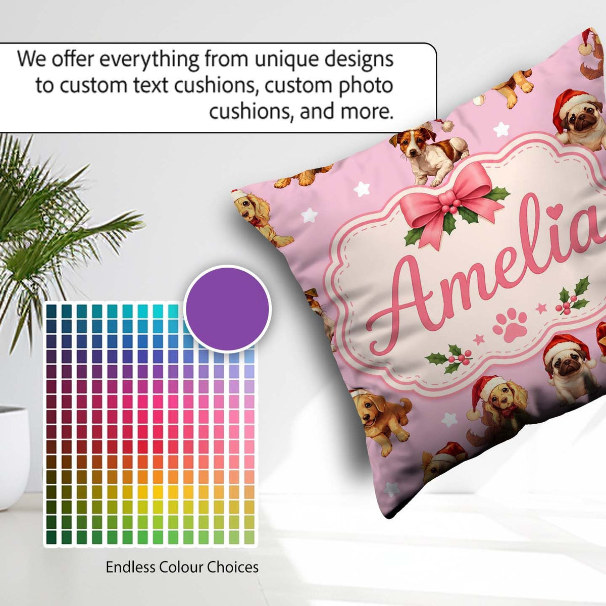 Custom Name Christmas Dogs Santa Hat Soft Pink Star Background Square Filled Cushion Throw Pillow Sofa Bed Home Decor Zip Washable UK Made