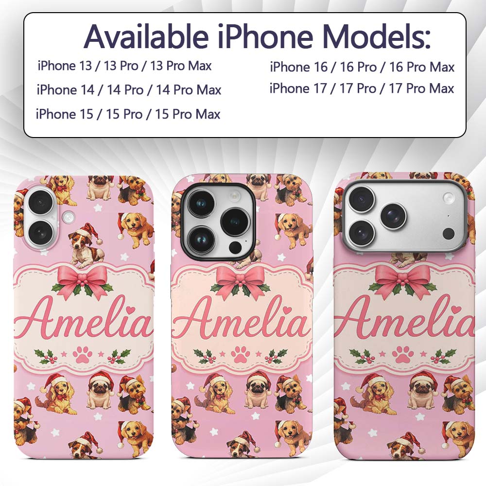 Cute Christmas Dogs Santa Hat Soft Pink Star Custom Name Protective Phone Case Mobile Cover Durable Everyday Smartphone Shock Resistant