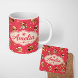 Personalized Custom Name Cute Christmas Dogs Santa Hat Red Star Background Seamless Pattern 11oz Ceramic Coffee Tea Mug White Large Handle