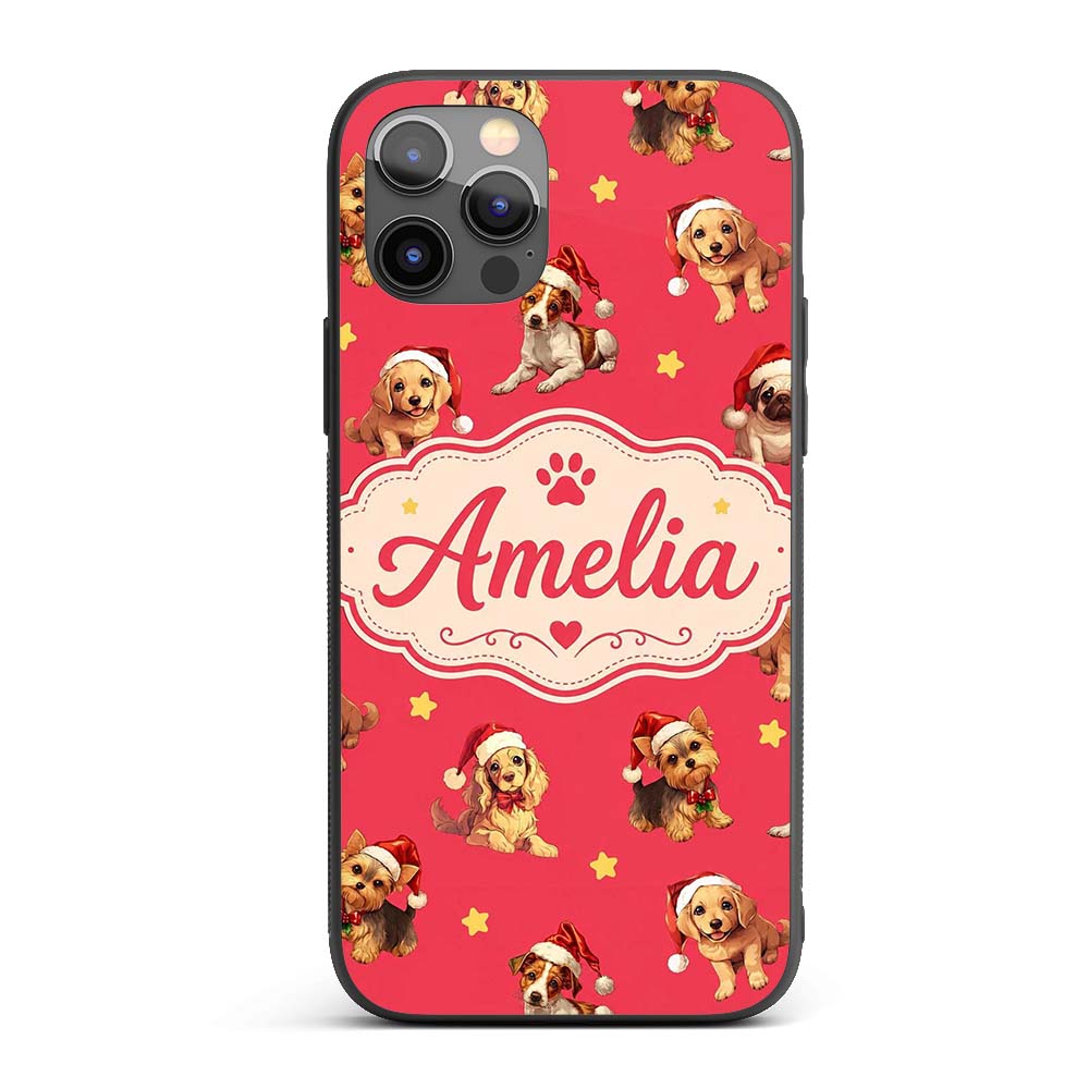 Cute Christmas Dogs Santa Hat Red Star Background Custom Name Protective Phone Case Mobile Cover Durable Everyday Smartphone Shock Resistant