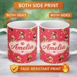 Personalized Custom Name Cute Christmas Dogs Santa Hat Red Star Background Seamless Pattern 11oz Ceramic Coffee Tea Mug White Large Handle